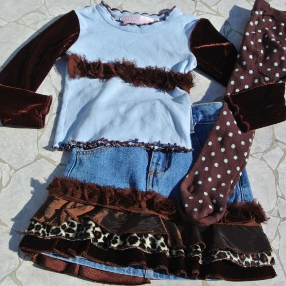 Greggy Girl Boutique Leopard Ruffle Denim Skirt Rosette Top Tight 3 pc Set - Picture 1 of 1